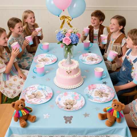 96 Pcs Boho Bear Baby Shower Party Plates and Napkins - Grencian