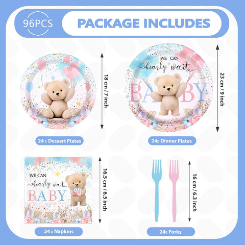 96 Pcs Boho Bear Baby Shower Party Plates and Napkins - Grencian