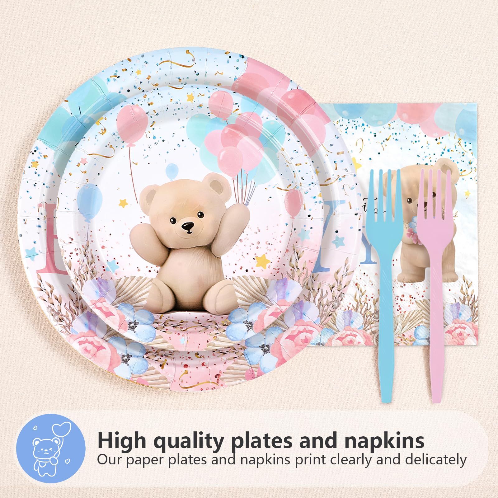 96 Pcs Boho Bear Baby Shower Party Plates and Napkins - Grencian