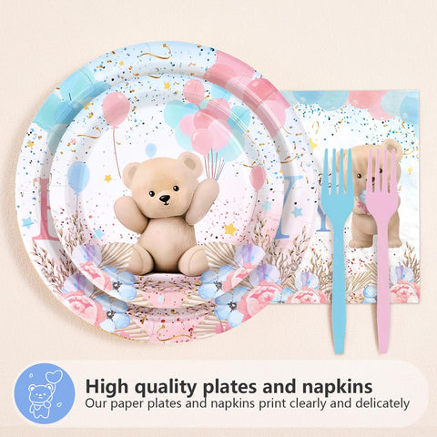 96 Pcs Boho Bear Baby Shower Party Plates and Napkins - Grencian