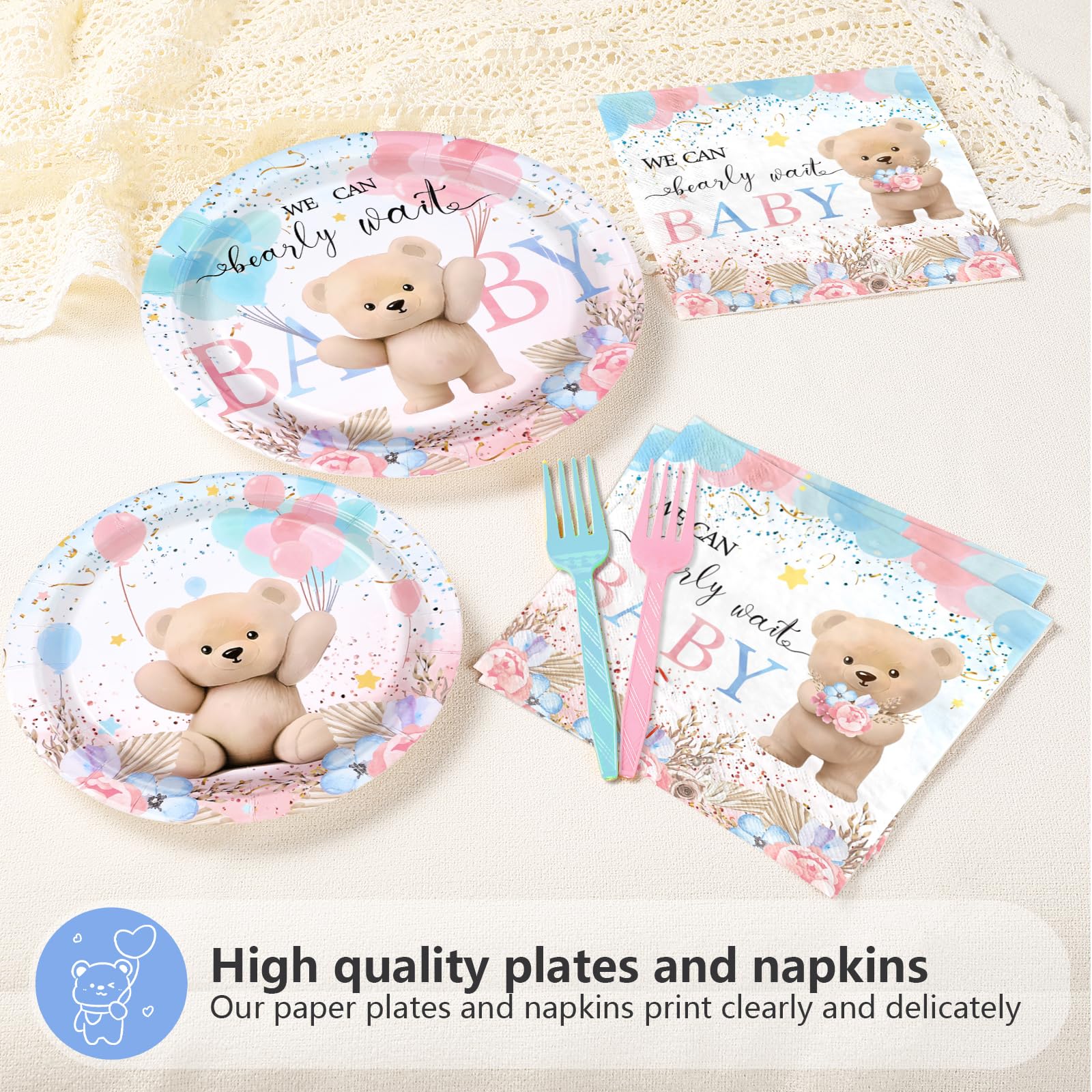 96 Pcs Boho Bear Baby Shower Party Plates and Napkins - Grencian