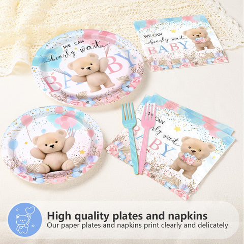 96 Pcs Boho Bear Baby Shower Party Plates and Napkins - Grencian