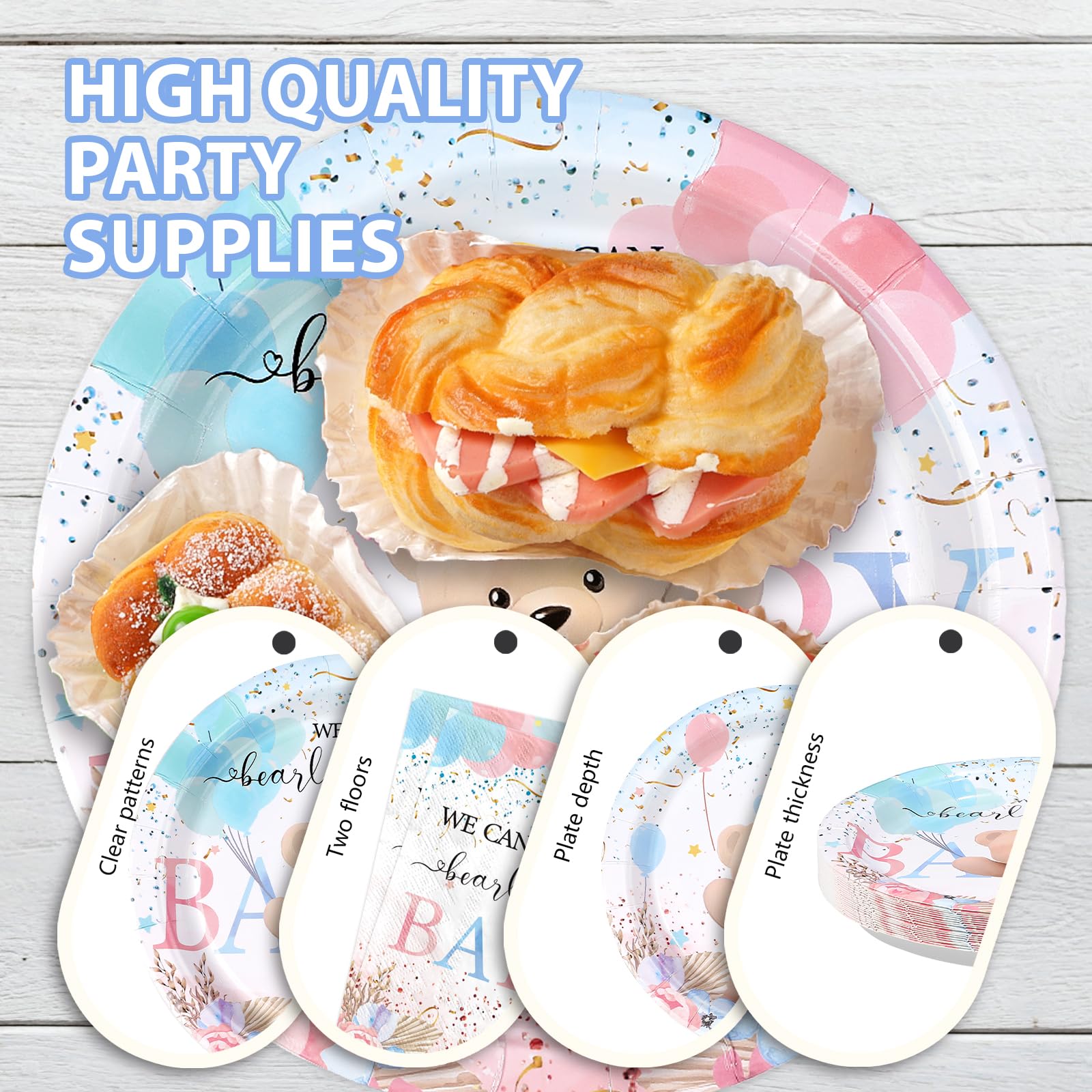 96 Pcs Boho Bear Baby Shower Party Plates and Napkins - Grencian
