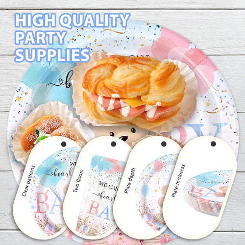 96 Pcs Boho Bear Baby Shower Party Plates and Napkins - Grencian