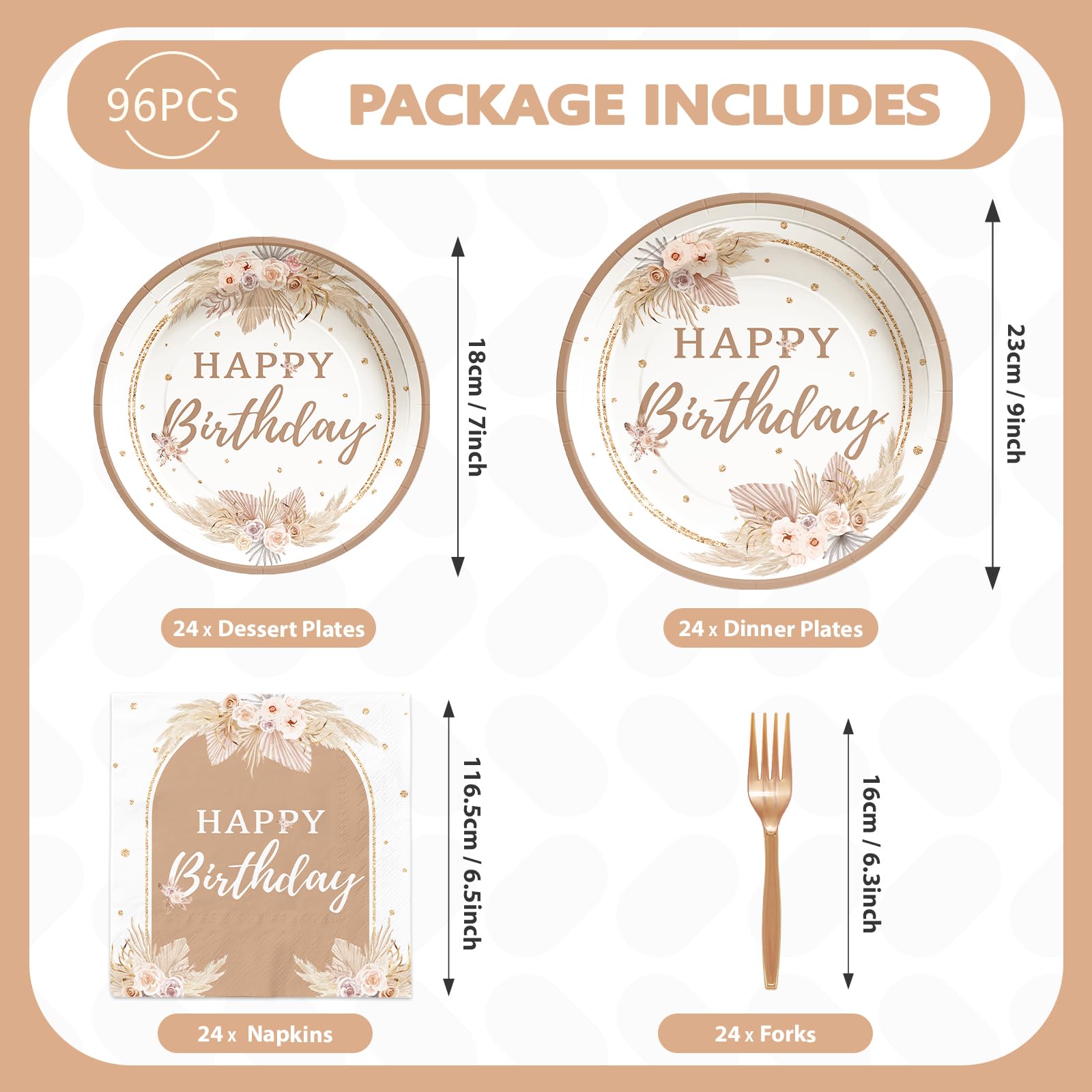 96 Pcs Boho Birthday Party Plates and Napkins - Grencian