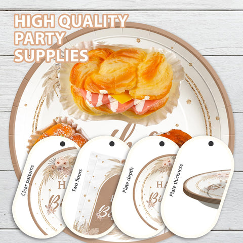 96 Pcs Boho Birthday Party Plates and Napkins - Grencian