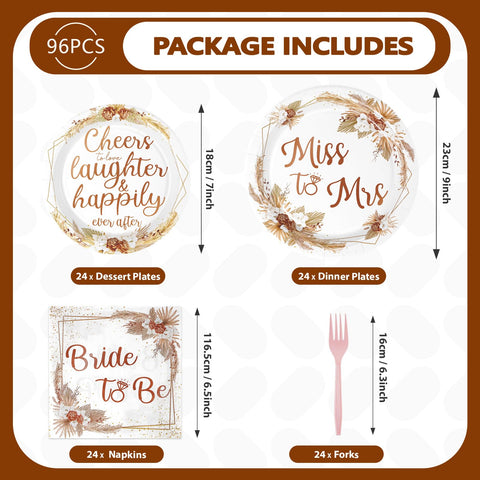 96 Pcs Boho Bridal Shower Party Plates and Napkins - Grencian