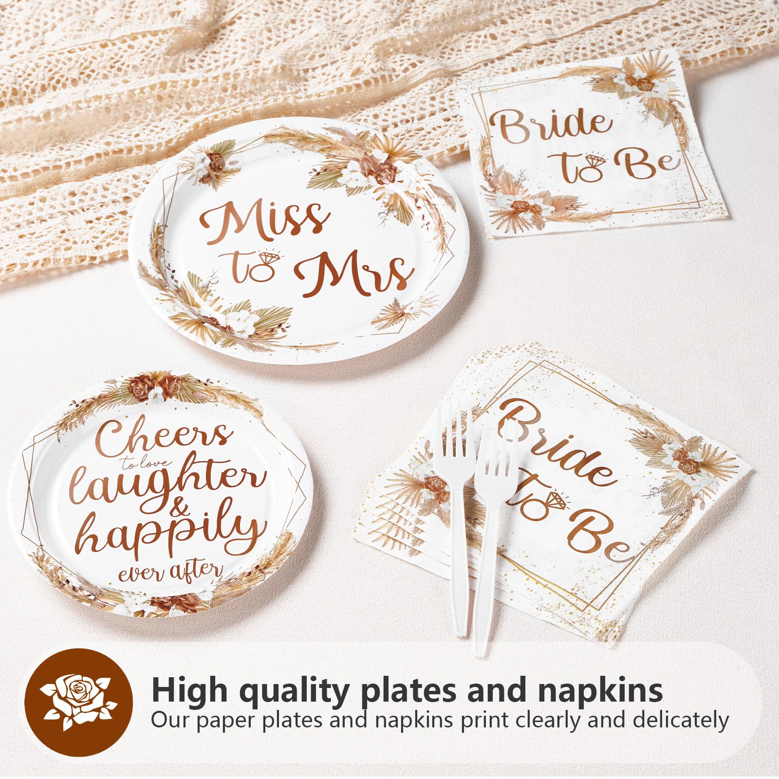 96 Pcs Boho Bridal Shower Party Plates and Napkins - Grencian