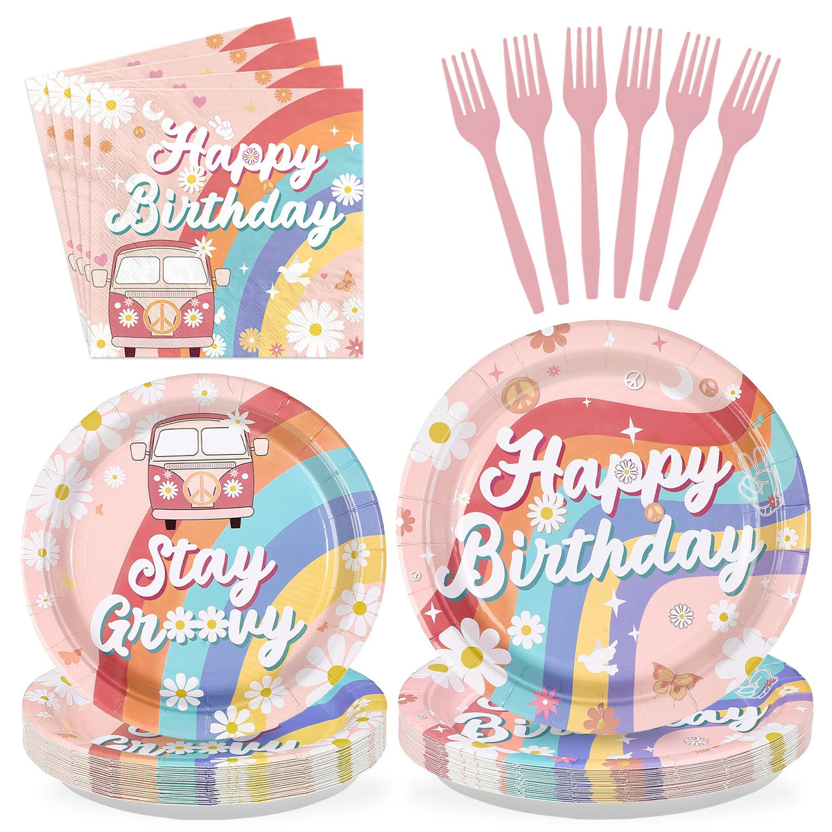 96 Pcs Boho Groovy Birthday Party Plates and Napkins - Grencian