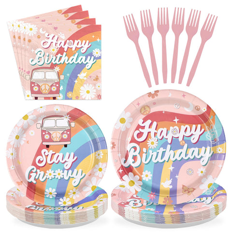 96 Pcs Boho Groovy Birthday Party Plates and Napkins - Grencian