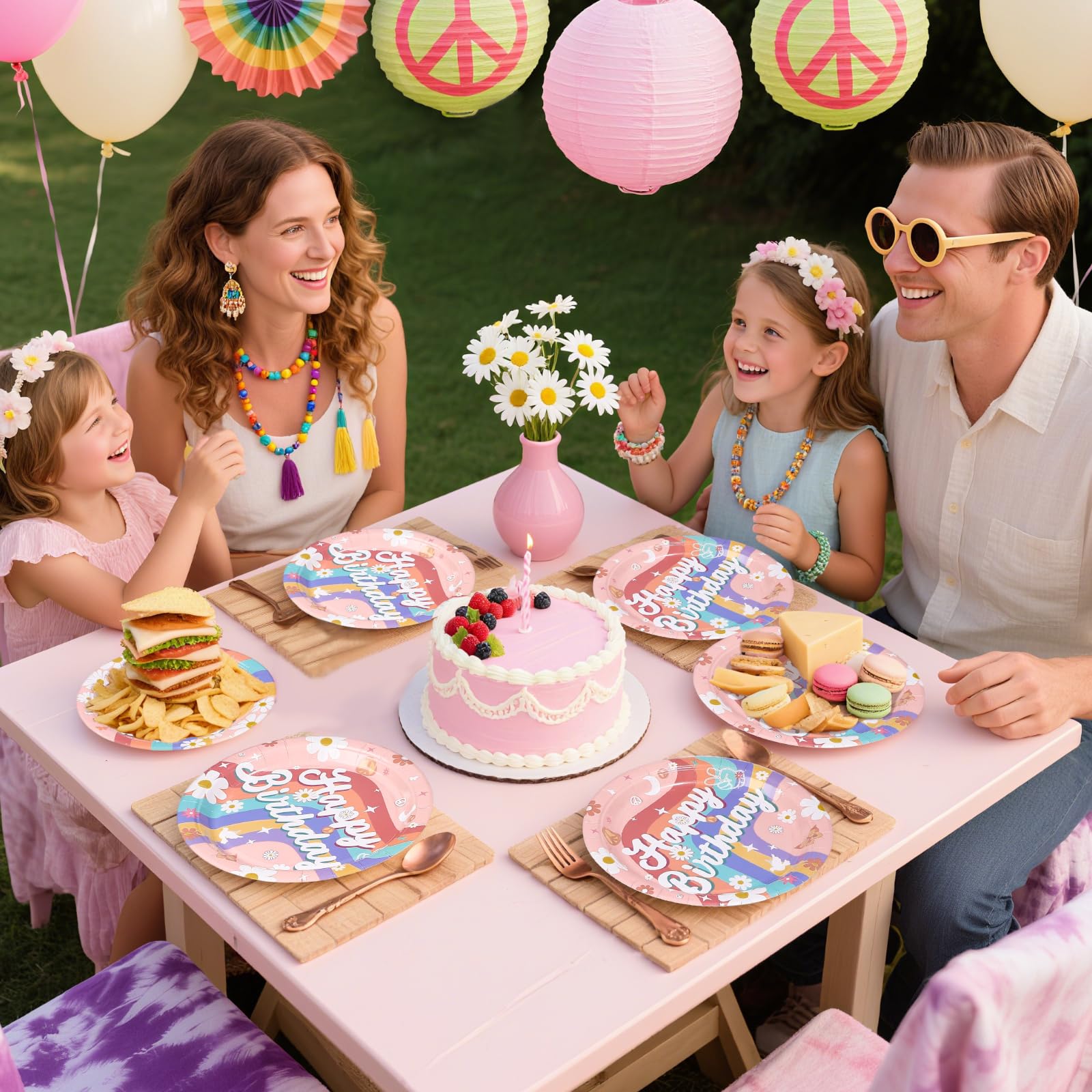 96 Pcs Boho Groovy Birthday Party Plates and Napkins - Grencian