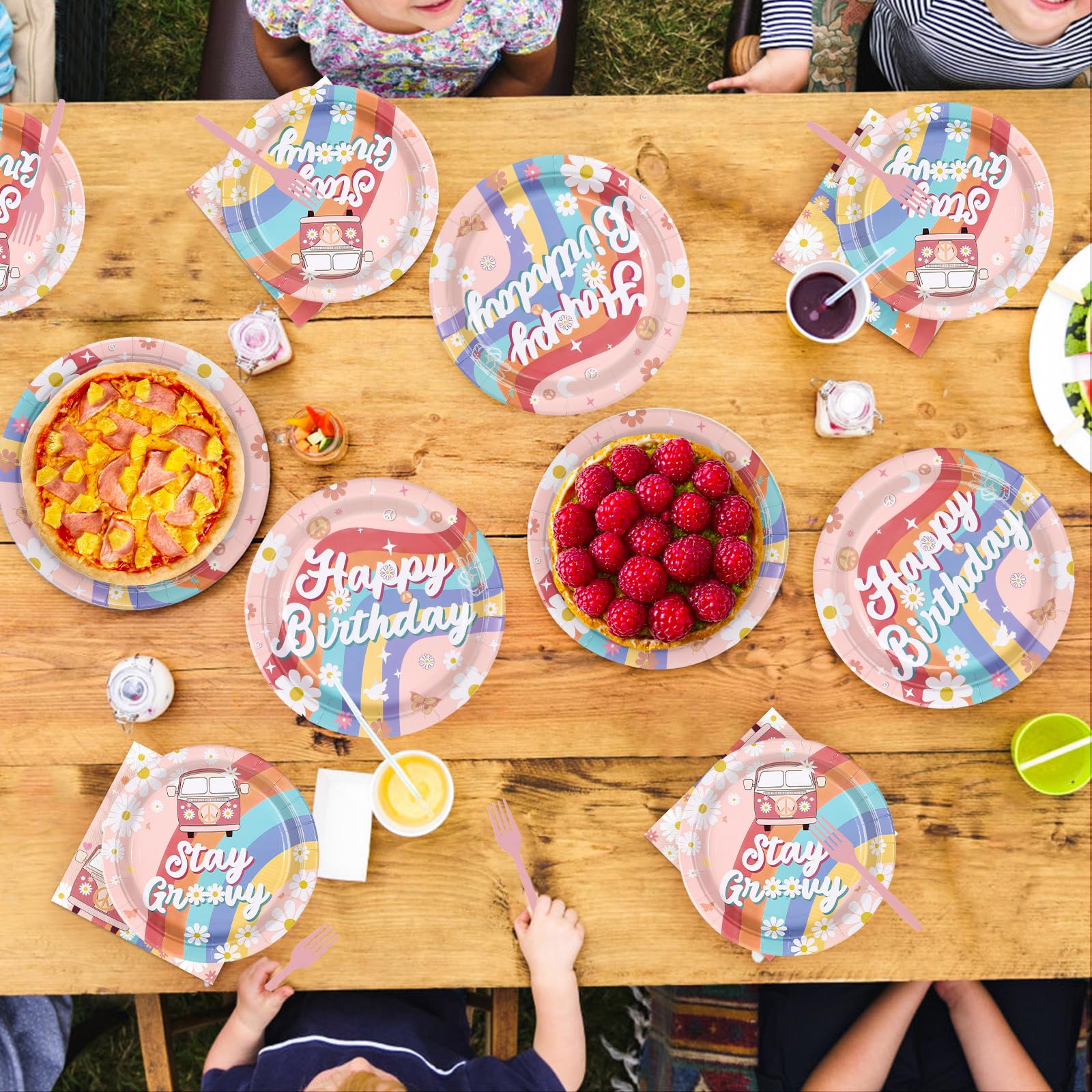 96 Pcs Boho Groovy Birthday Party Plates and Napkins - Grencian