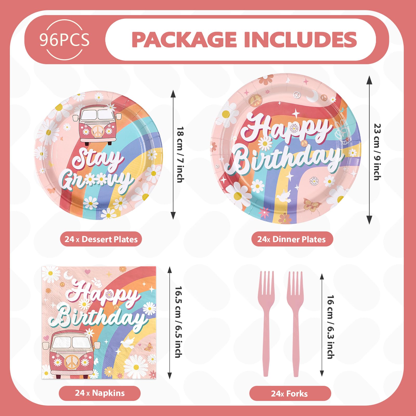 96 Pcs Boho Groovy Birthday Party Plates and Napkins - Grencian