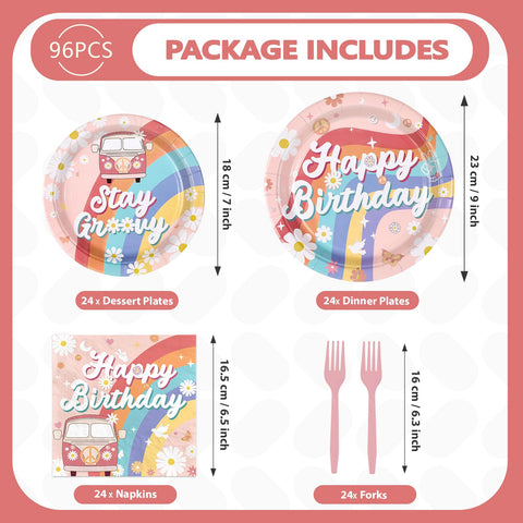 96 Pcs Boho Groovy Birthday Party Plates and Napkins - Grencian