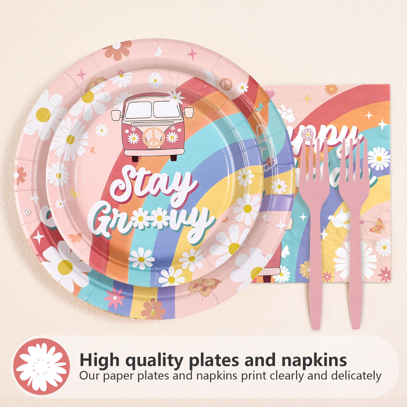 96 Pcs Boho Groovy Birthday Party Plates and Napkins - Grencian