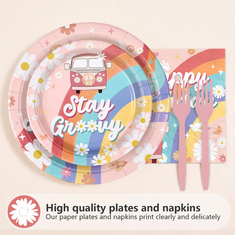 96 Pcs Boho Groovy Birthday Party Plates and Napkins - Grencian