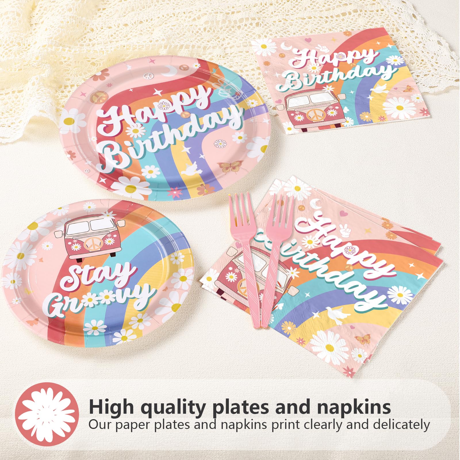 96 Pcs Boho Groovy Birthday Party Plates and Napkins - Grencian