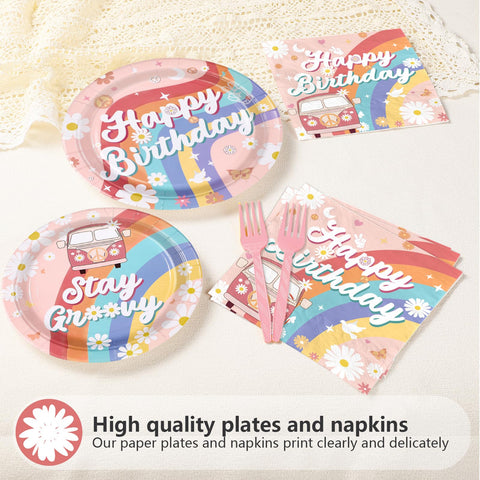 96 Pcs Boho Groovy Birthday Party Plates and Napkins - Grencian