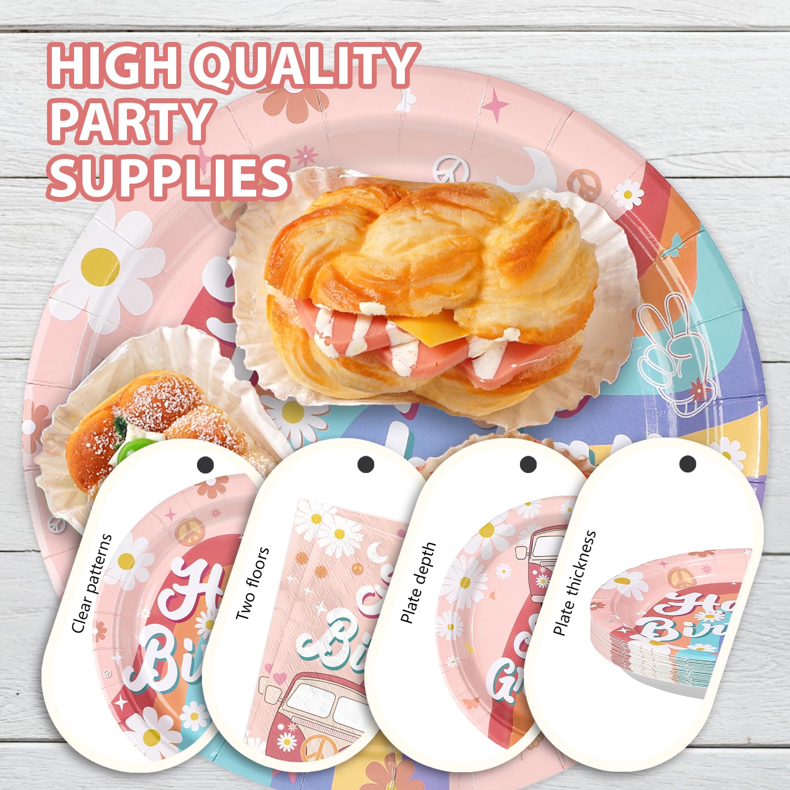 96 Pcs Boho Groovy Birthday Party Plates and Napkins - Grencian