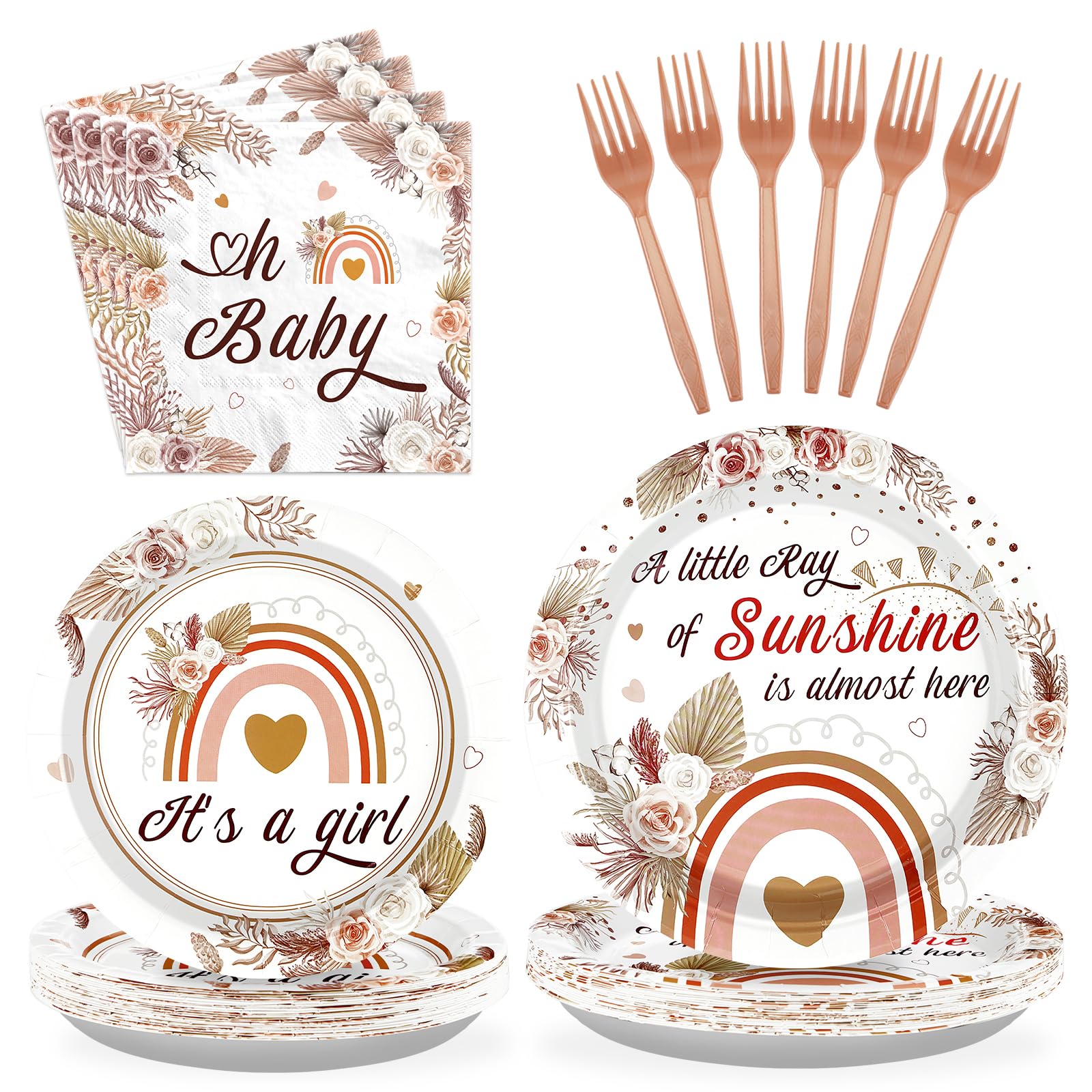 96 Pcs Boho Rainbow Baby Shower Party Plates and Napkins - Grencian