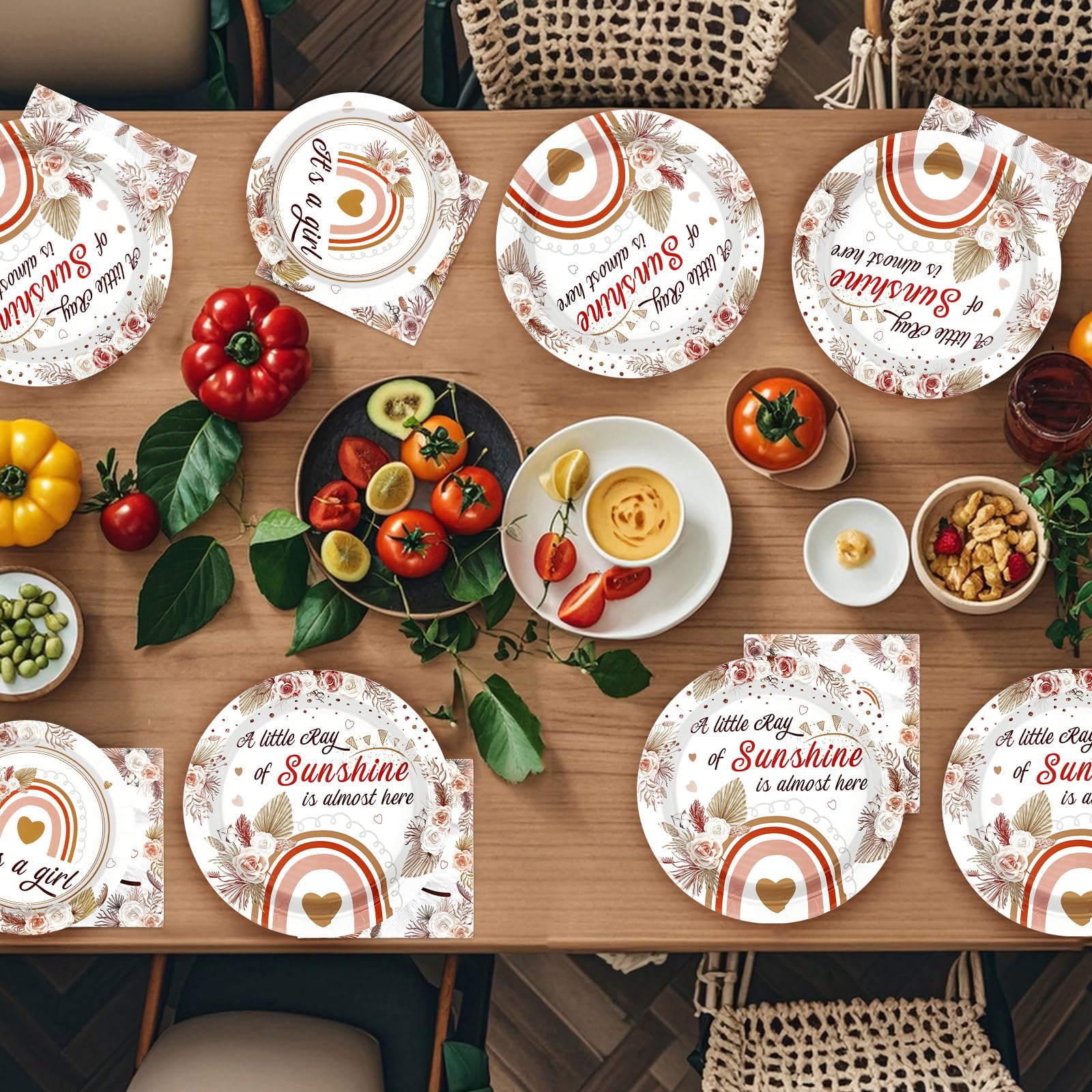 96 Pcs Boho Rainbow Baby Shower Party Plates and Napkins - Grencian