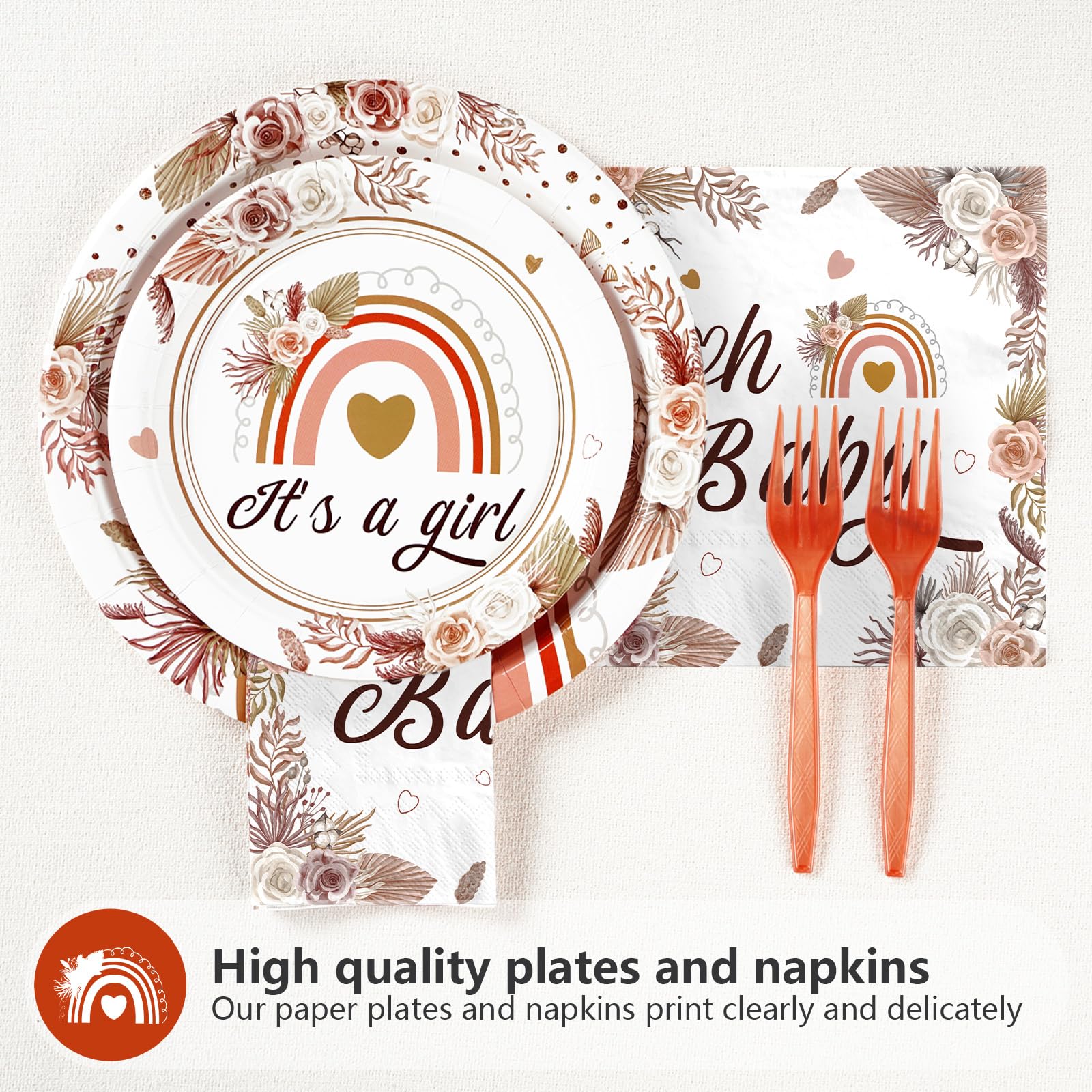 96 Pcs Boho Rainbow Baby Shower Party Plates and Napkins - Grencian
