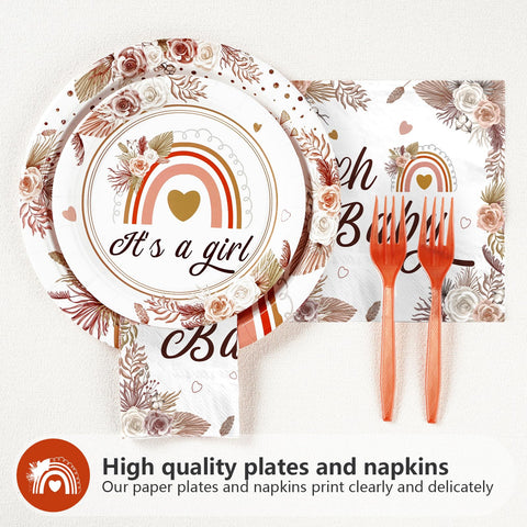 96 Pcs Boho Rainbow Baby Shower Party Plates and Napkins - Grencian