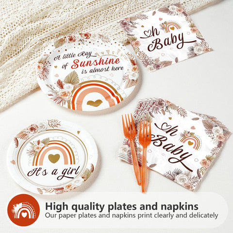 96 Pcs Boho Rainbow Baby Shower Party Plates and Napkins - Grencian