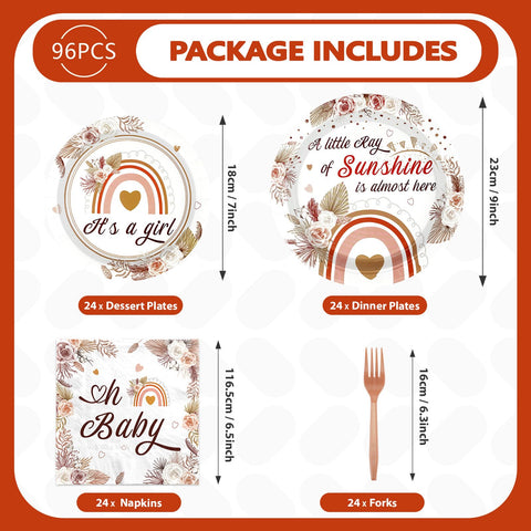 96 Pcs Boho Rainbow Baby Shower Party Plates and Napkins - Grencian