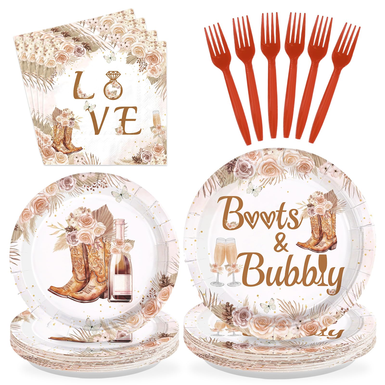 96 Pcs Boots and Bubbly Bridal Shower Party Plates and Napkins - Grencian