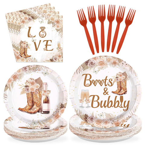96 Pcs Boots and Bubbly Bridal Shower Party Plates and Napkins - Grencian