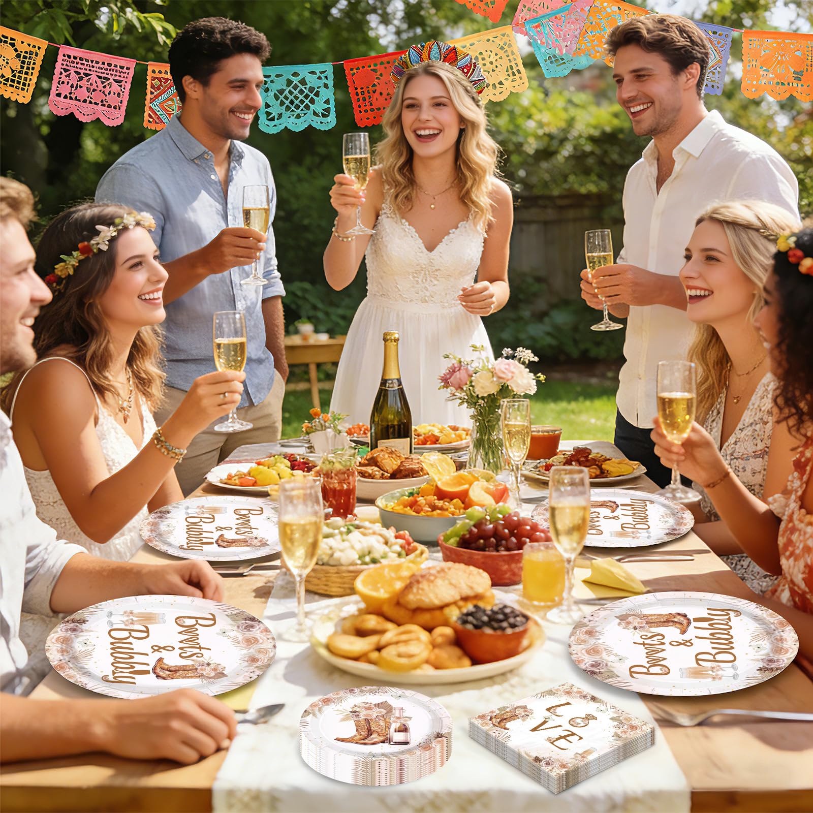96 Pcs Boots and Bubbly Bridal Shower Party Plates and Napkins - Grencian