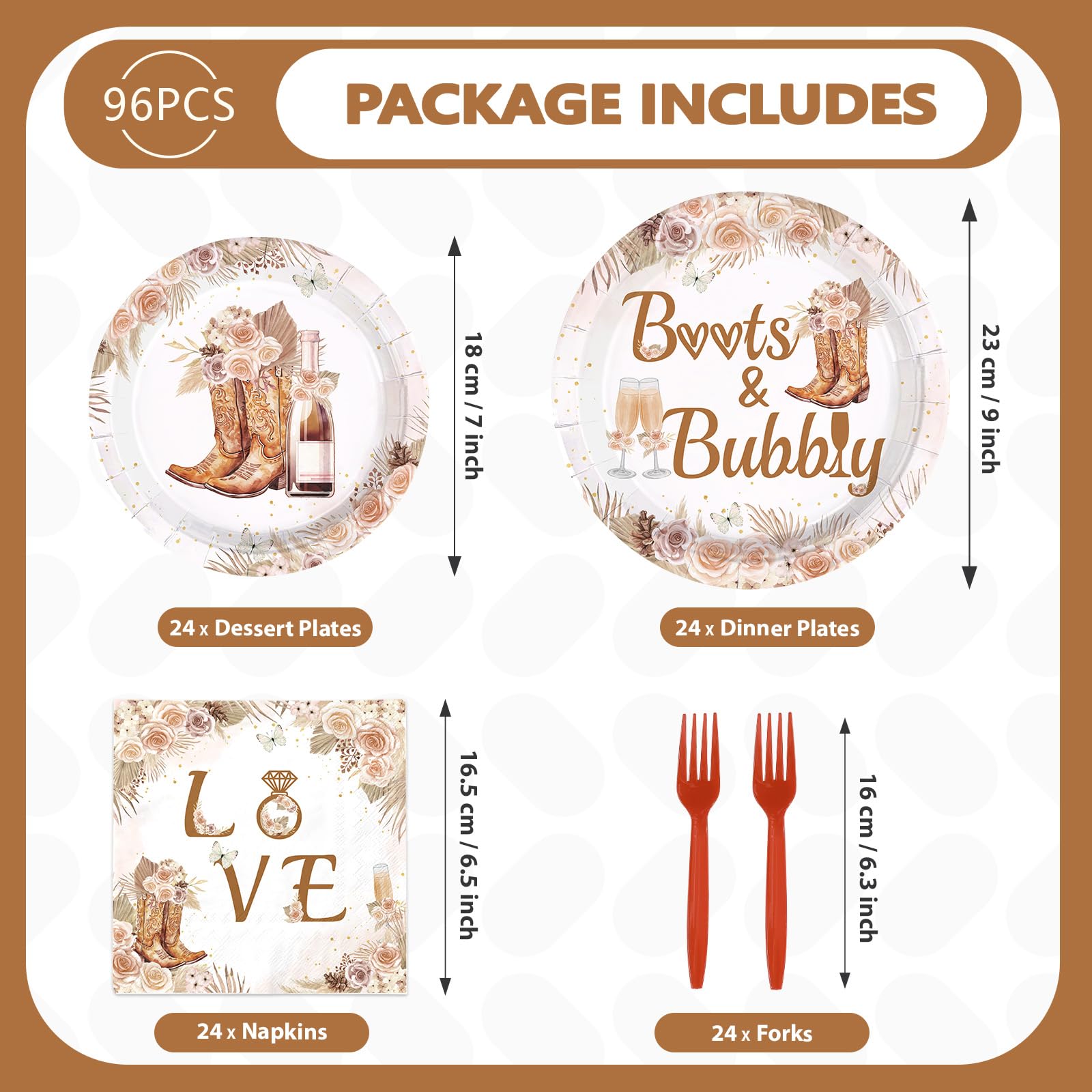 96 Pcs Boots and Bubbly Bridal Shower Party Plates and Napkins - Grencian
