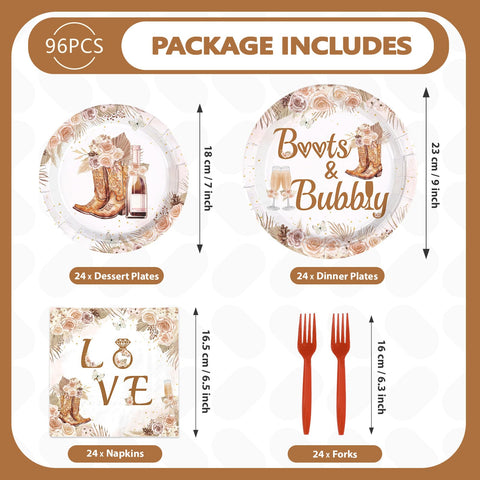 96 Pcs Boots and Bubbly Bridal Shower Party Plates and Napkins - Grencian