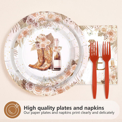 96 Pcs Boots and Bubbly Bridal Shower Party Plates and Napkins - Grencian