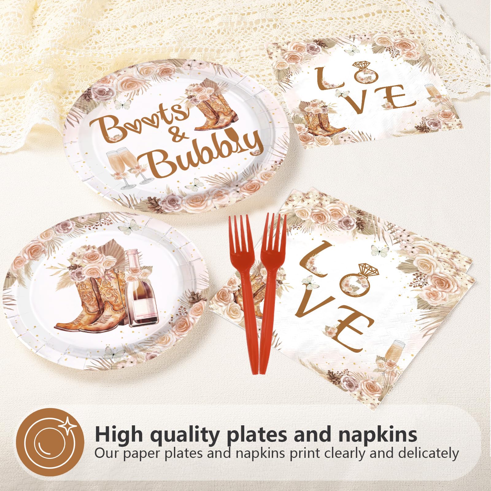 96 Pcs Boots and Bubbly Bridal Shower Party Plates and Napkins - Grencian