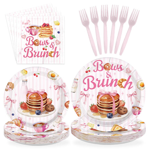 96 Pcs Bows and Brunch Party Plates and Napkins - Grencian
