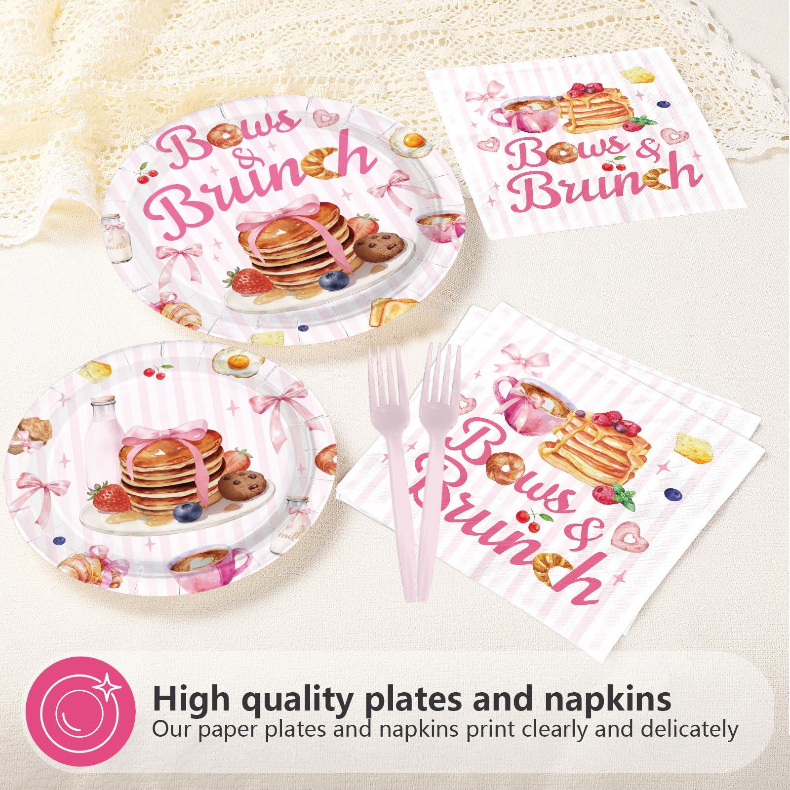96 Pcs Bows and Brunch Party Plates and Napkins - Grencian