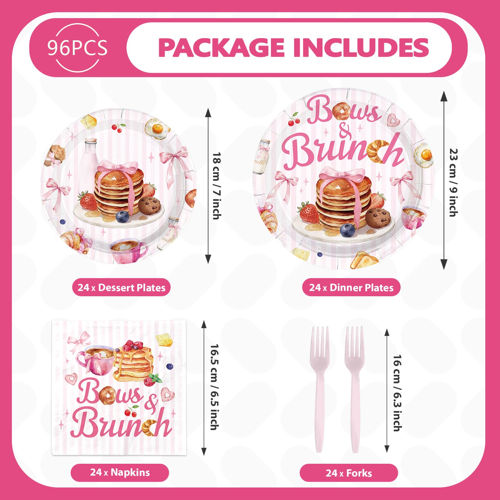96 Pcs Bows and Brunch Party Plates and Napkins - Grencian