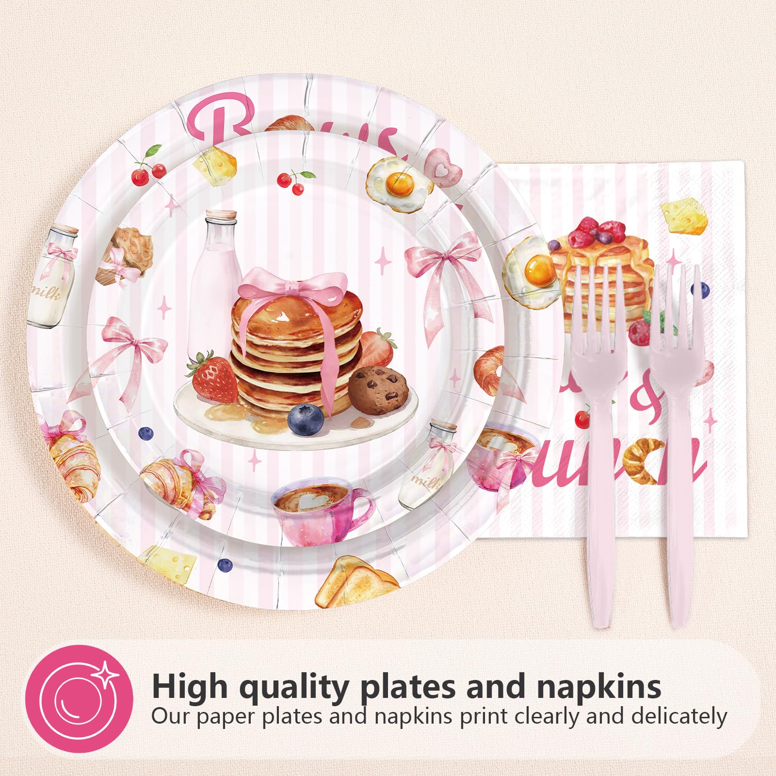 96 Pcs Bows and Brunch Party Plates and Napkins - Grencian