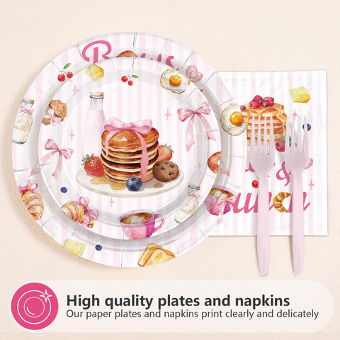 96 Pcs Bows and Brunch Party Plates and Napkins - Grencian