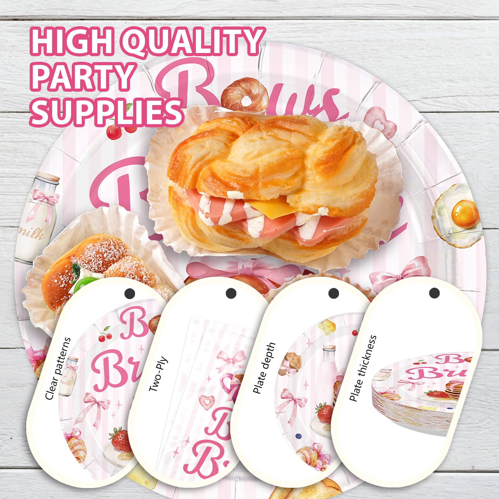 96 Pcs Bows and Brunch Party Plates and Napkins - Grencian