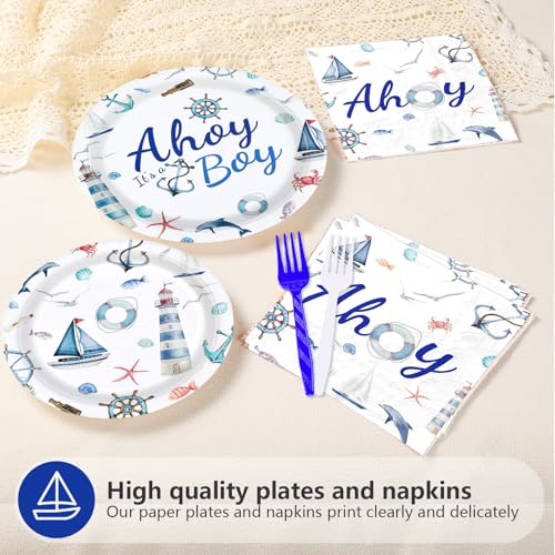 96 Pcs Boy Nautical Party Plates and Napkins - Grencian
