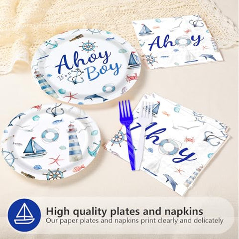 96 Pcs Boy Nautical Party Plates and Napkins - Grencian