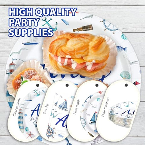 96 Pcs Boy Nautical Party Plates and Napkins - Grencian