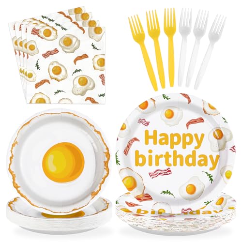 96 Pcs Breakfast Birthday Party Plates and Napkins - Grencian