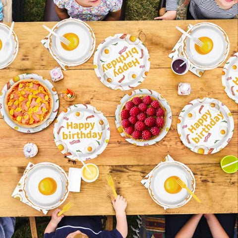 96 Pcs Breakfast Birthday Party Plates and Napkins - Grencian
