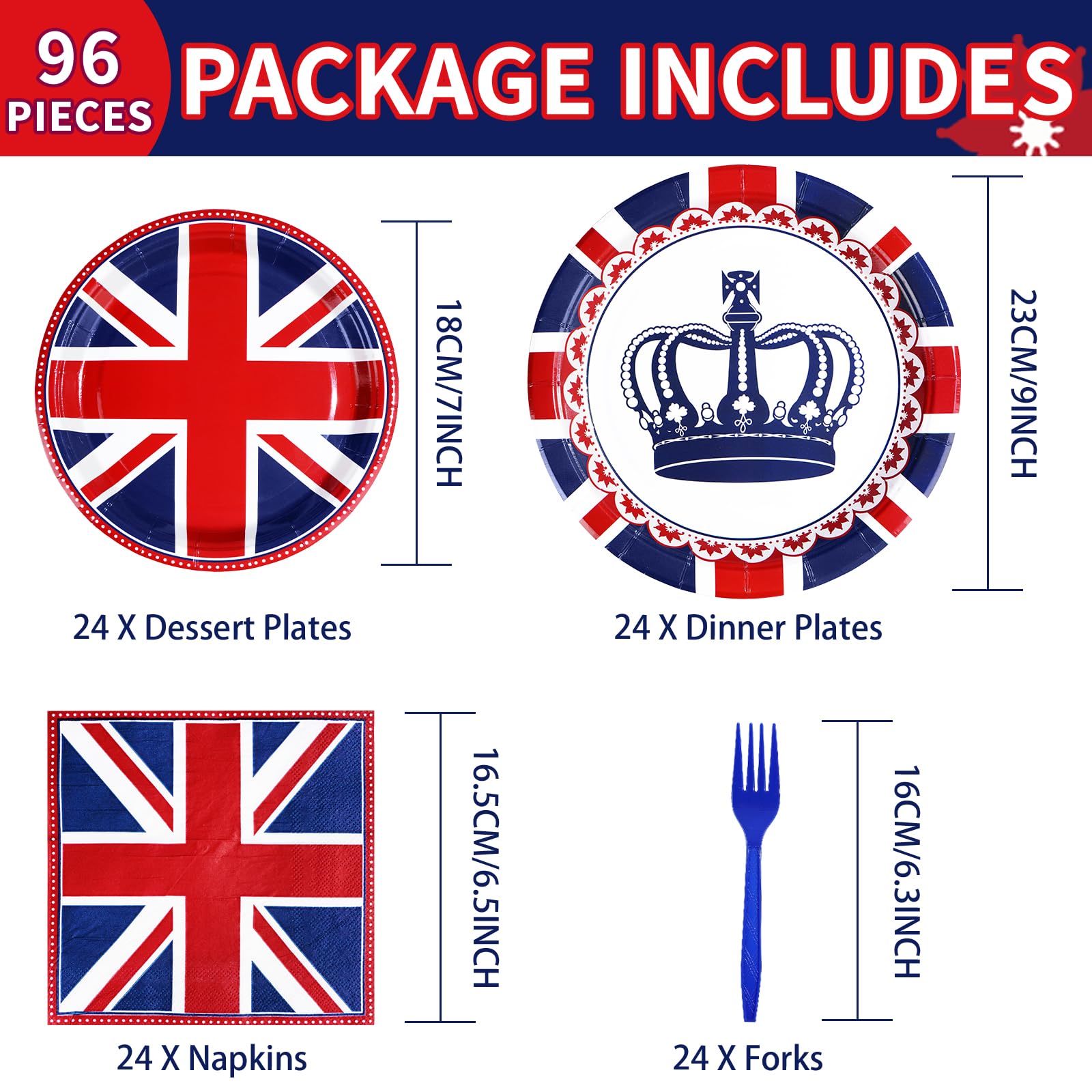 96 Pcs British Flag Party Plates and Napkins - Grencian
