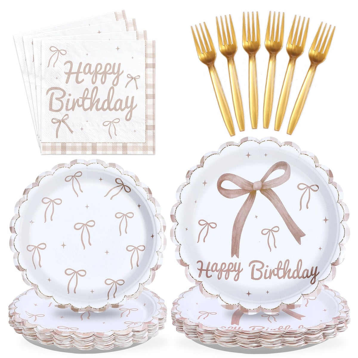 96 Pcs Brown Bow Birthday Party Scalloped Plates and Napkins - Grencian