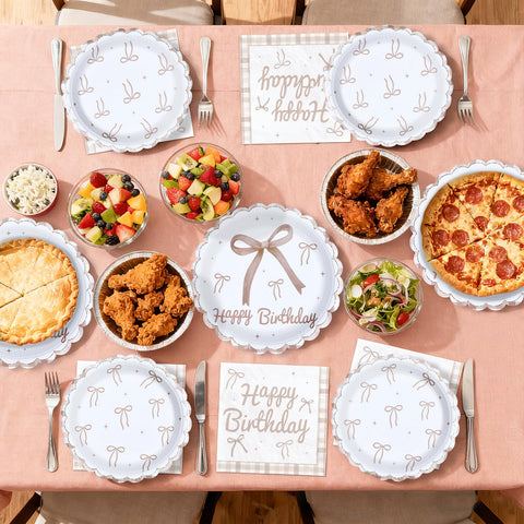 96 Pcs Brown Bow Birthday Party Scalloped Plates and Napkins - Grencian